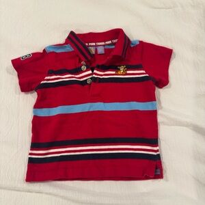 Vintage Pooh Bear Disney Red‎ Polo with Blue and White Stripes